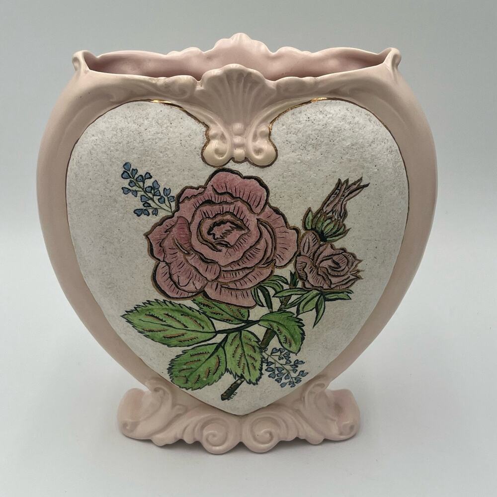 VTG ALBERTAS Pink White Porcelain Heart-Shaped Hand Painted Vase